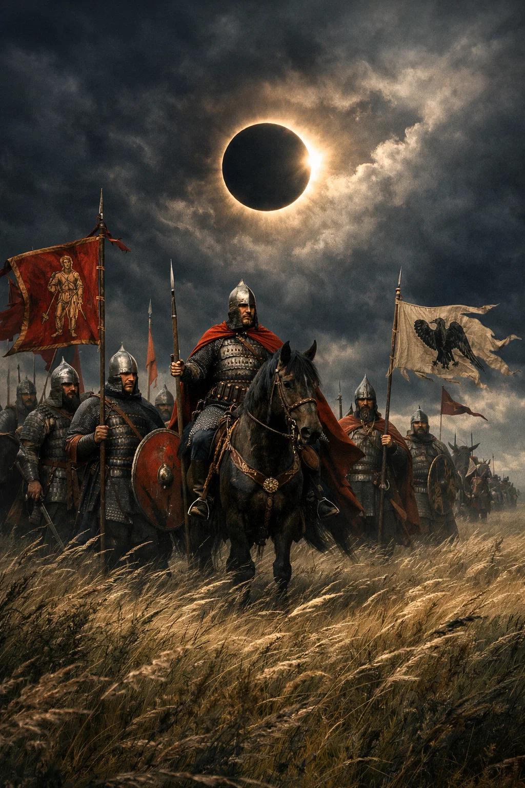 Князь Ігор з руським військом у степу під сонячним затемненням перед битвою з половцями - Аналіз твору «Слово про похід Ігорів»