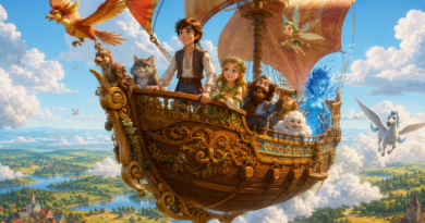 A magical Disney-style fairy tale scene inspired by the audio story "The Flying Ship", a beautiful wooden flying ship soaring high above fluffy white clouds, decorated with intricate carvings and colorful sails, a kind young hero standing proudly on the deck, surrounded by loyal fairy tale companions with unique abilities, below them green forests, rivers, villages and golden fields stretch to the horizon, bright blue sky, warm sunlight illuminating the ship, whimsical fantasy atmosphere, expressive animated characters with big emotional eyes, soft rounded shapes, vibrant colors, enchanting storybook style, cinematic composition, highly detailed, 4k, no text, aspect ratio 3:2