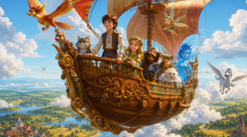 A magical Disney-style fairy tale scene inspired by the audio story "The Flying Ship", a beautiful wooden flying ship soaring high above fluffy white clouds, decorated with intricate carvings and colorful sails, a kind young hero standing proudly on the deck, surrounded by loyal fairy tale companions with unique abilities, below them green forests, rivers, villages and golden fields stretch to the horizon, bright blue sky, warm sunlight illuminating the ship, whimsical fantasy atmosphere, expressive animated characters with big emotional eyes, soft rounded shapes, vibrant colors, enchanting storybook style, cinematic composition, highly detailed, 4k, no text, aspect ratio 3:2